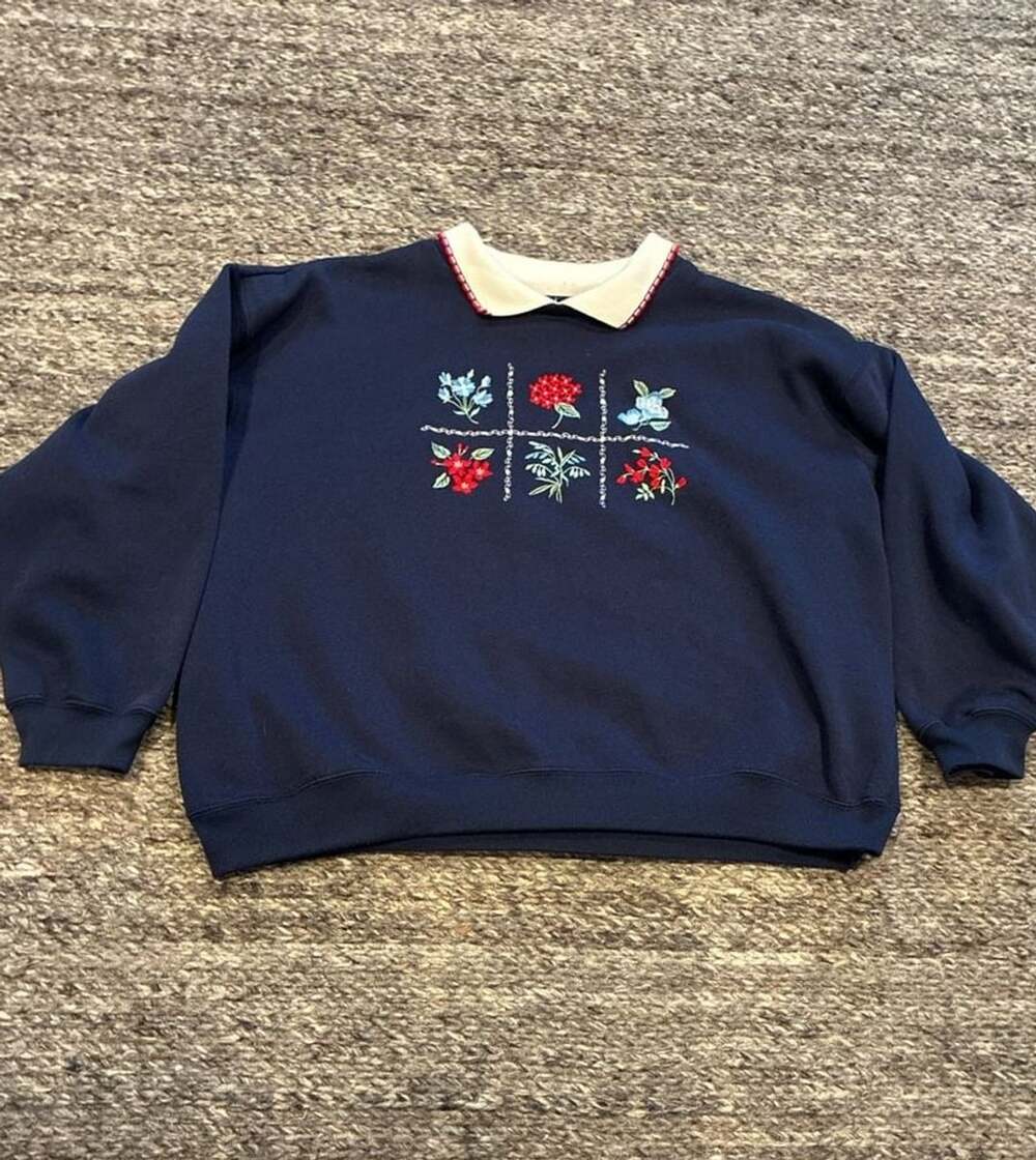 Classic Elements Collection Vintage Navy Floral Embroidered Collared Sweatshirt